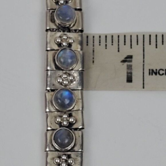 Sterling Silver 925 Opalite Glass Cabochon Panel Bead Link Bracelet Chunky 7.25" - Picture 11 of 15